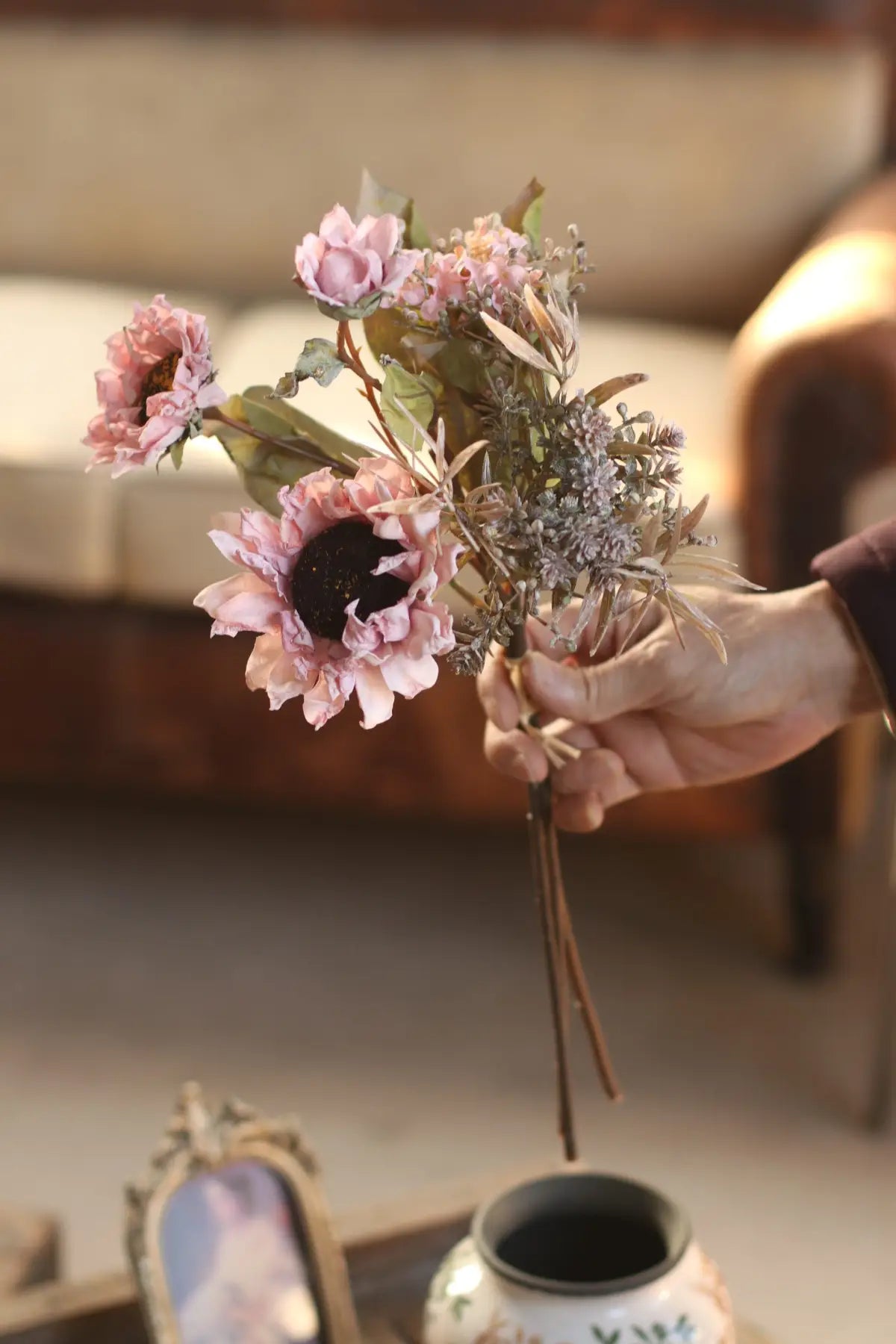 Harvest Wild Faux Dried Sunflower Bouquet in Petal Pink - Single Stem - Eco Perennial