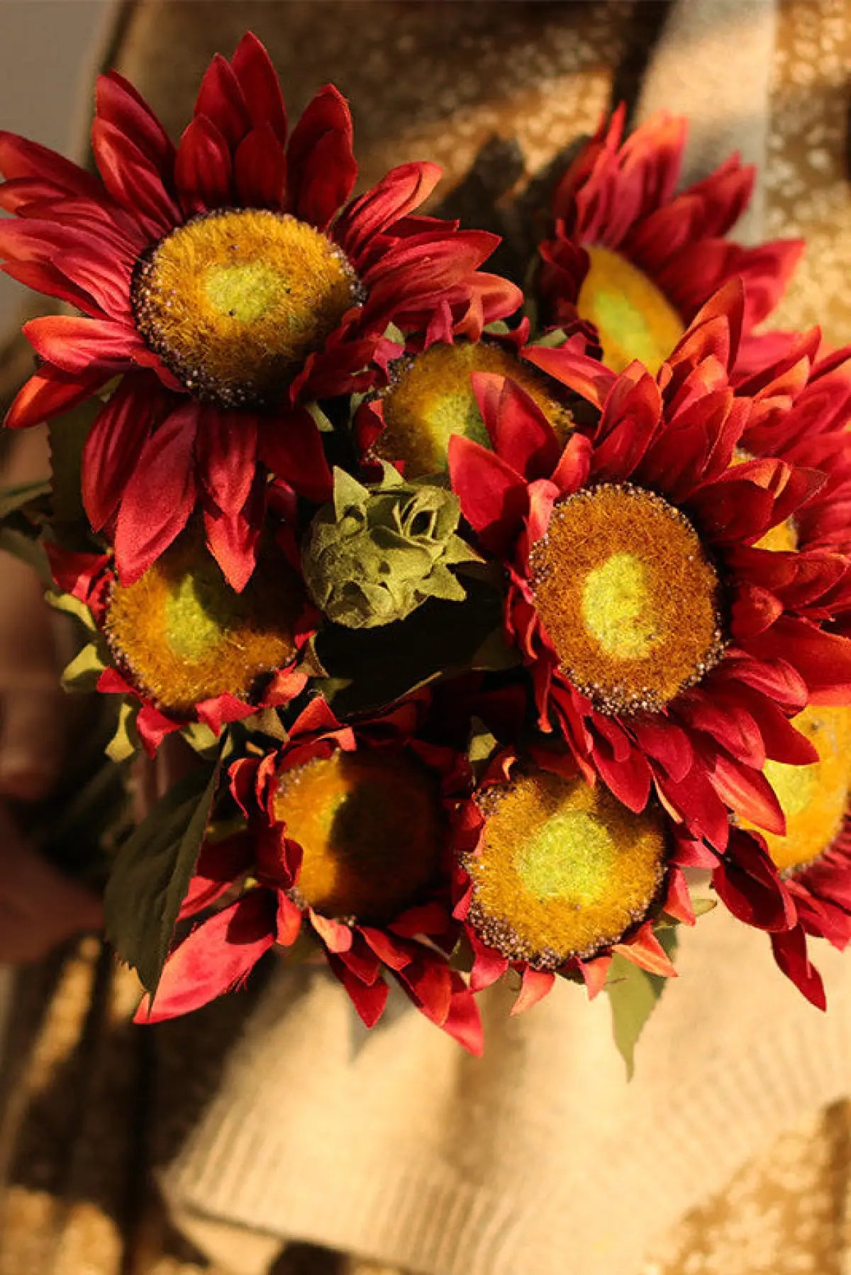 "The Golden Hour" | Real Touch Artisan Sunflower Stem Red | Realistic Faux Silk Flowers for Home Decor - Eco Perennial