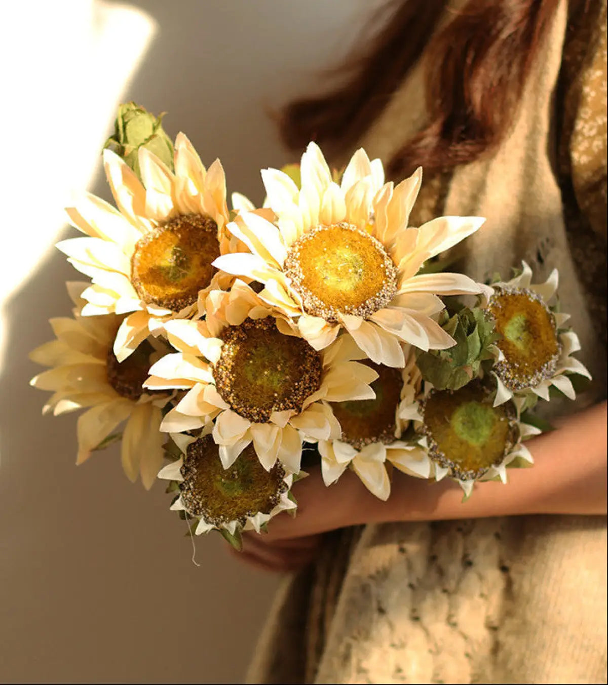 "The Golden Hour" | Real Touch Artisan Sunflower Stem Single Branch (1 Stem) White | Realistic Faux Silk Flowers for Home Decor - Eco Perennial