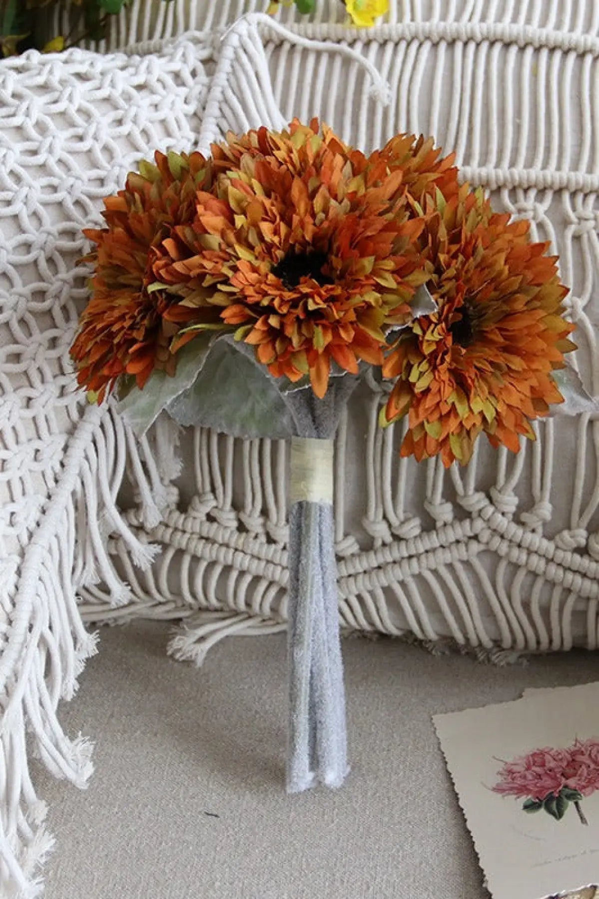 "Velvet Sun" | Faux Teddy Sunflower Artificial Stem Orange 1 Bouquet | Realistic Faux Silk Flowers for Home Decor - Eco Perennial