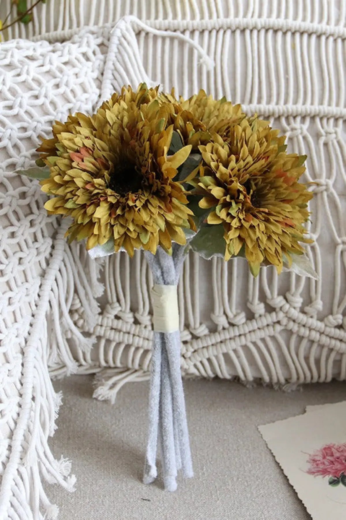 "Velvet Sun" | Faux Teddy Sunflower Artificial Stem Vintage Green 1 Bouquet | Realistic Faux Silk Flowers for Home Decor - Eco Perennial