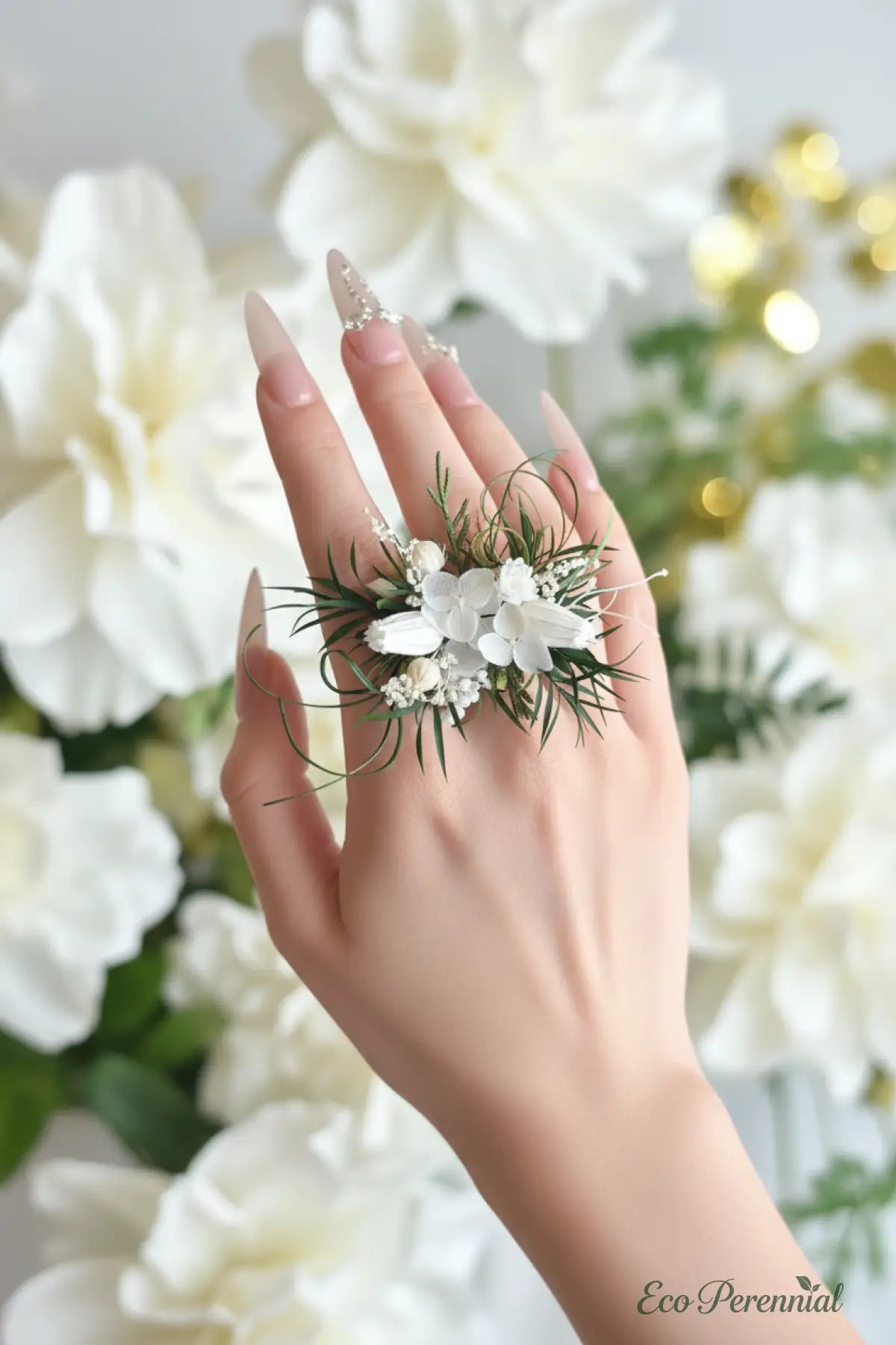 White Garden Preserved Flower Ring – Handcrafted Bridal Floral Jewelry | Realistic Faux Silk Flowers for Home Decor - Eco Perennial